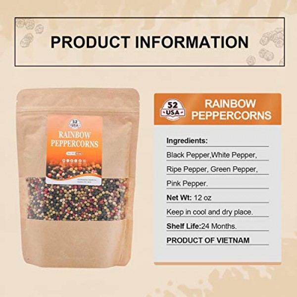 52USA Rainbow Pepper 12oz, Peppercorn Blend of Grinder, Whole Wh...