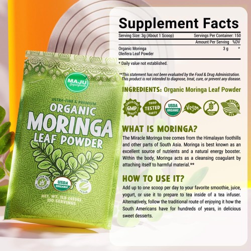 Majus Organic Moringa Powder 1 Pound, Oleifera Leaf, Extra-Fi