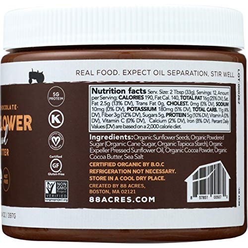 88 Acres, Dark Chocolate Sunflower Seed Butter Jar, 14 Ounce