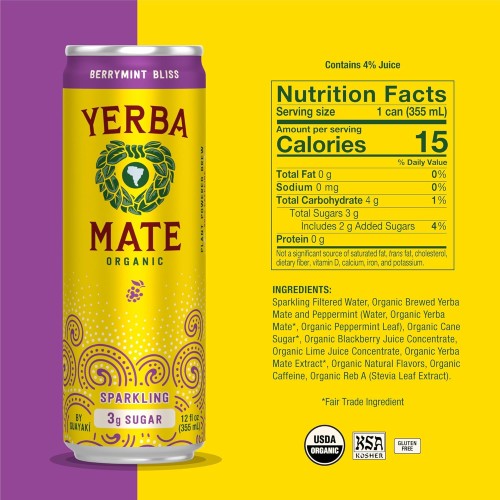 Yerba Mate, Organic Sparkling Drink, Berrymint Bliss, 12