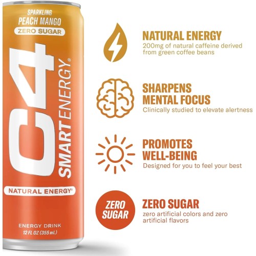 C4 Smart Energy Sugar Free Energy Drink 12Oz Pack Of 12 | Peac