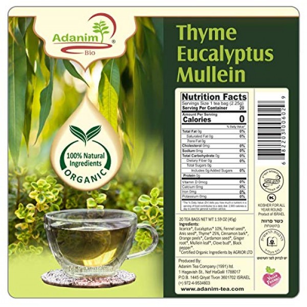 Adanim Bio Eucalyptus Thyme & Mullein Leaf Tea Bags - Organic Go...