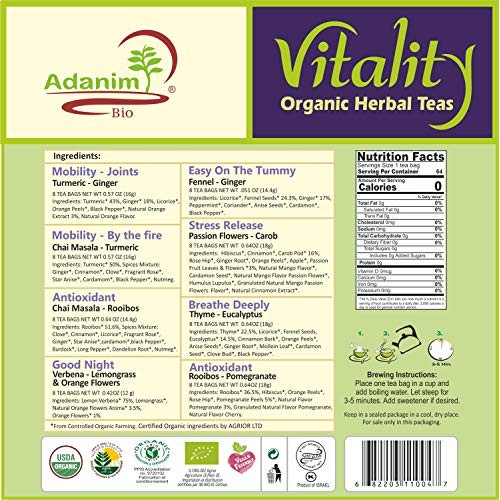 Adanim Bio Organic Herbal Teas Vitality Gift Box Sampler 8 Flav