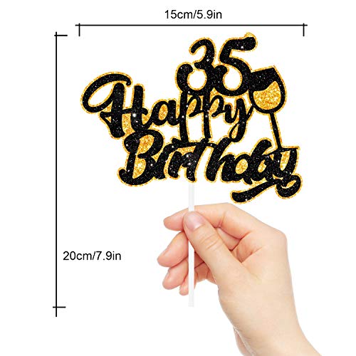 Aerzetix Happy 35Th Birthday Cake Topper Black Gold Glitter Wine