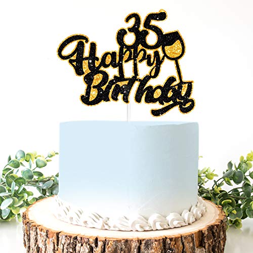 Aerzetix Happy 35Th Birthday Cake Topper Black Gold Glitter Wine