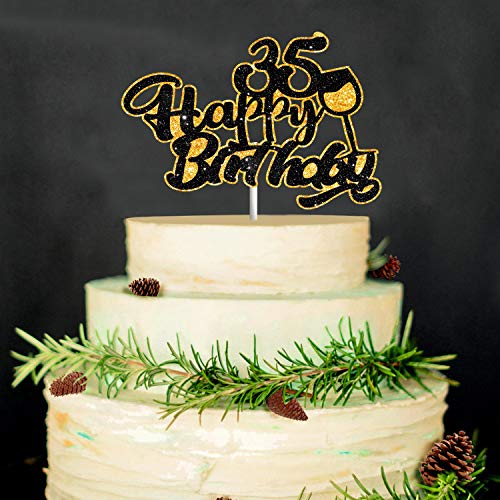 Aerzetix Happy 35Th Birthday Cake Topper Black Gold Glitter Wine
