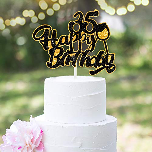 Aerzetix Happy 35Th Birthday Cake Topper Black Gold Glitter Wine