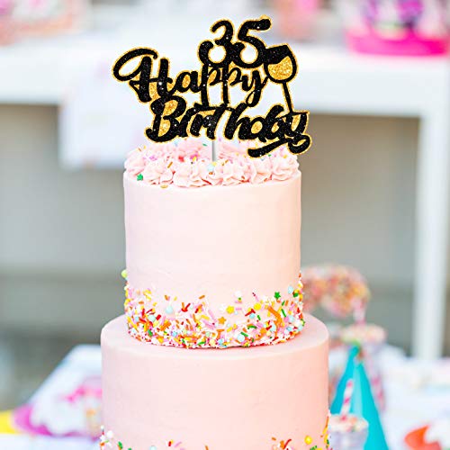 Aerzetix Happy 35Th Birthday Cake Topper Black Gold Glitter Wine