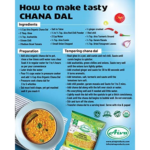 Aiva Organic Chana Dal Chick Peas Split- Usda Certified 2 Lb