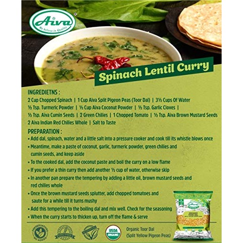Aiva Organic Toor Dal Pigeon Peas Split - Usda Certified 2 Lb