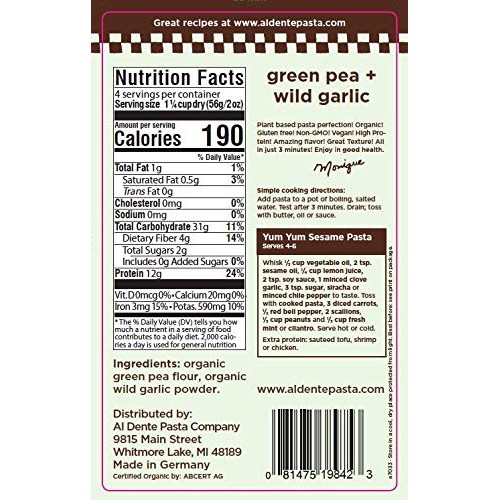 Al Dente Plant Based Pasta Green Pea + Wild Garlic, 8 Ounce Pac