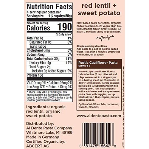 Al Dente Plant Based Pasta Red Lentil + Sweet Potato, 8 Ounce P