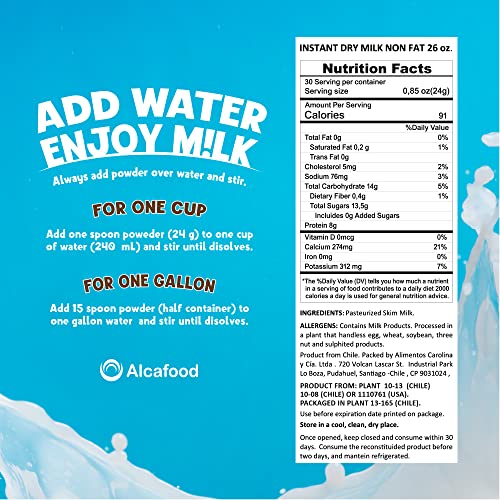 Alcafood Instant Dry Milk – Premium 26 Oz Non-Fat Powdered Milk