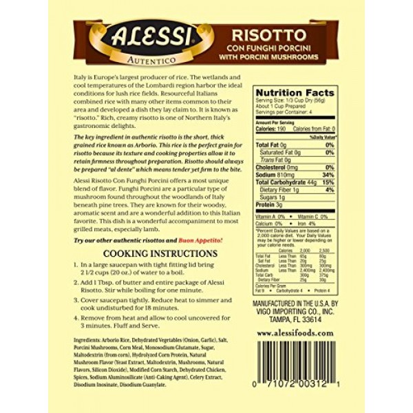 Alessi Funghi Risotto With Porcini Mushrooms, 8-Ounce Packages