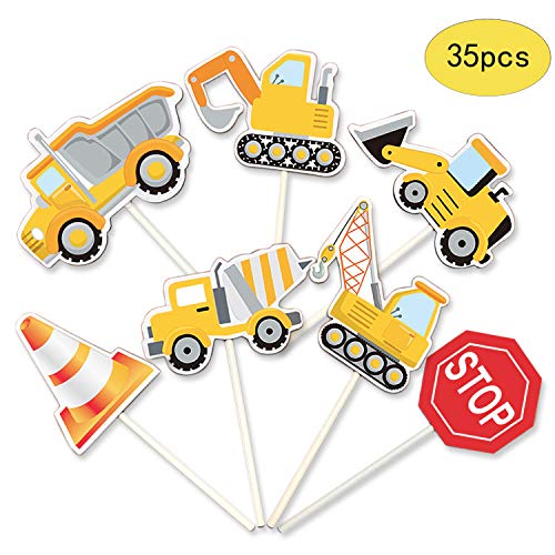 35-Pack Construction Cupcake Toppers Picks, Dump Truck Excavator