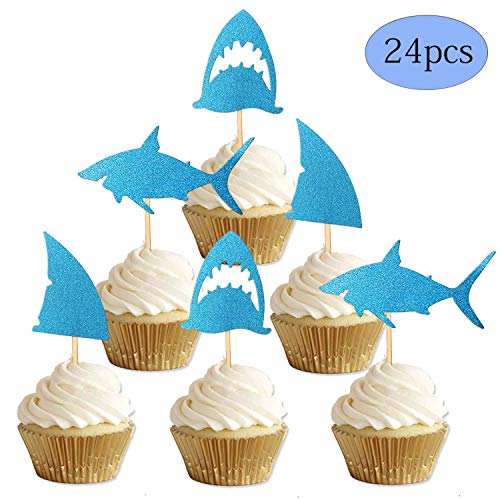 Alissar 24-Pack Glitter Shark Cupcake Toppers, Shark Fin Cupcake