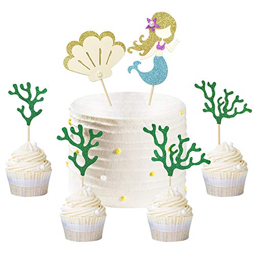 Alissar Glitter Mermaid Theme Birthday Cake Topper With Seaweed