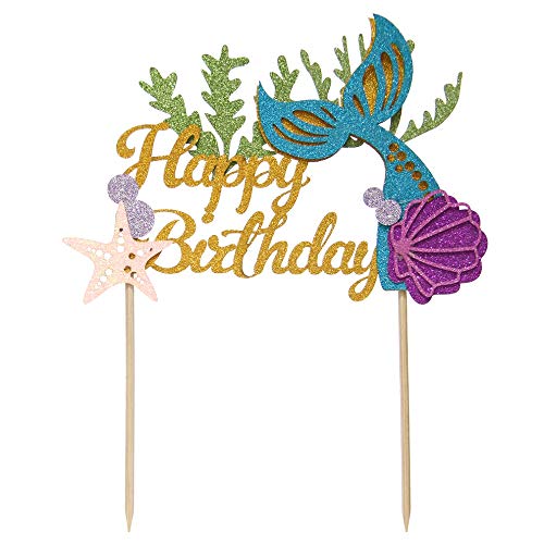 Alissar Glitter Mermaid Theme Birthday Cake Topper With Seaweed
