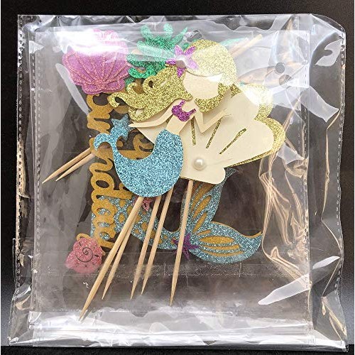 Alissar Glitter Mermaid Theme Birthday Cake Topper With Seaweed