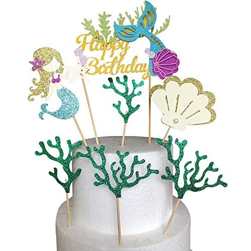 Alissar Glitter Mermaid Theme Birthday Cake Topper With Seaweed