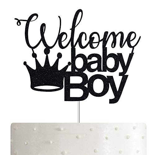 Black Welcome Baby Boy With Crown Cake Topper For Boy Baby Showe