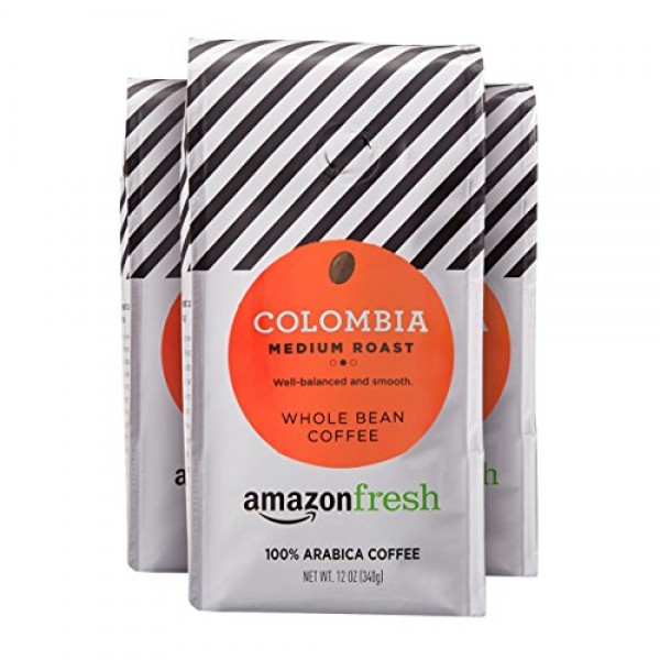 Amazonfresh Colombia Whole Bean Coffee, Medium Roast, 12 Ounce