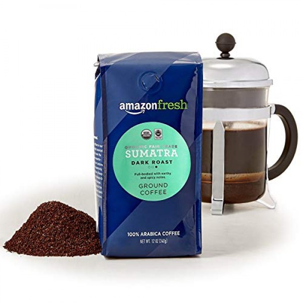 Amazonfresh Organic Fair Trade Sumatra Ground Coffee, Dark Roast