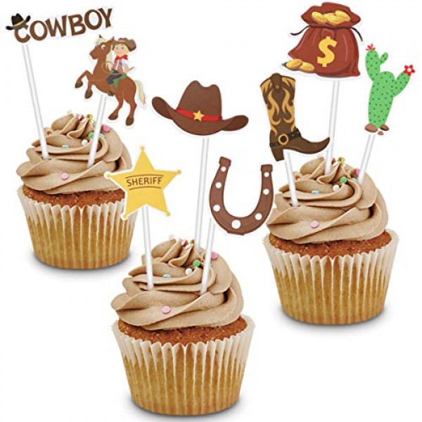 Amosfun 72PCS Cowboy Cupcake Toppers Western Theme Cake Topper C...