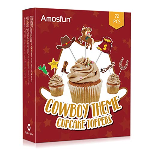 Amosfun 72Pcs Cowboy Cupcake Toppers Western Theme Cake Topper C
