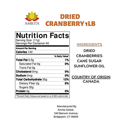 Amrita Foods - Dried Cranberry, 1 Lb - Top 9 Allergy Free - Glut