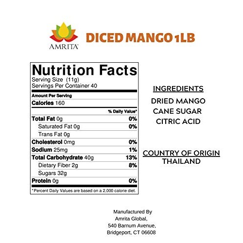 Amrita Foods - Dried Diced Mango, 1 Lb - Top 9 Allergy Free - Gl