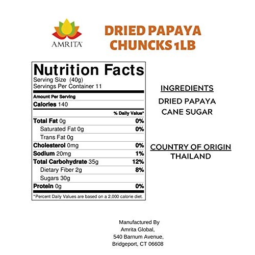 Amrita Foods - Dried Papaya Chunks, Sweetened, 1 Lb, Gluten-Free