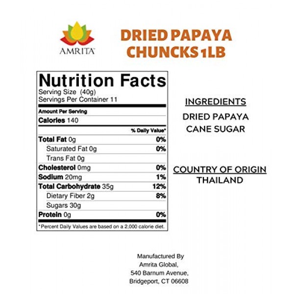 Amrita Foods - Dried Papaya Chunks, Sweetened, 1 Lb, Gluten-Free