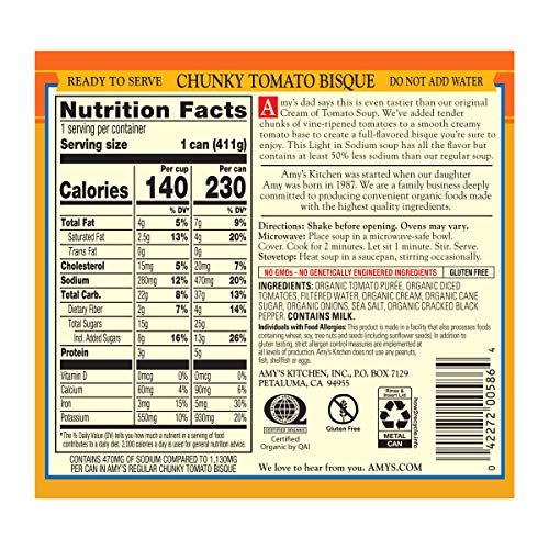 Amy’S Organic Chunky Tomato Bisque, Light In Sodium, 14.5 Oz. P