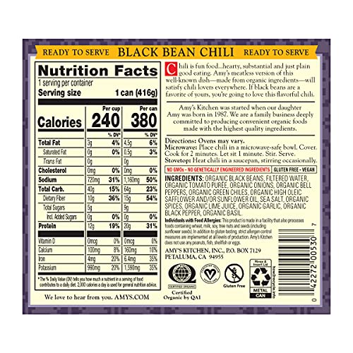 Amys Organic Black Bean Chili, Low Fat, Usda Organic, 14.7-Ounc