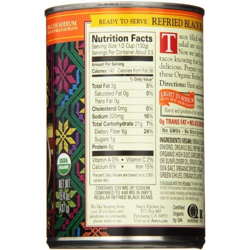 Amys Light In Sodium Vegetarian Organic Refried Beans, Black, 1