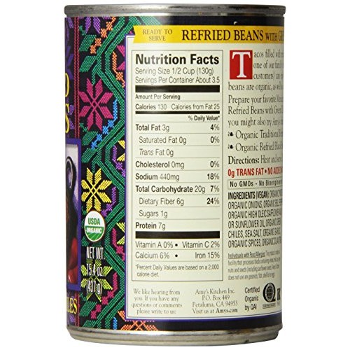 Amys Organic Refried Beans, Mild With Green Chiles, 15.4 Ounce