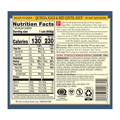 Amys Organic Soups, Quinoa Kale &Amp; Red Lentil, 14.4 Ounce Pack