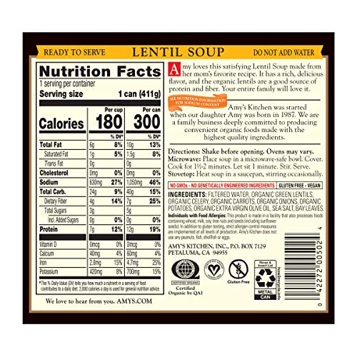 Amys Organic Lentil Soup, Non Gmo, Usda Organic, Vegan, 14.5-Ounce