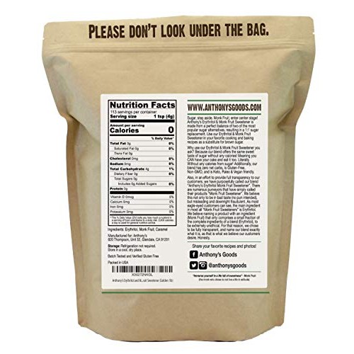 Anthonys Erythritol And Monk Fruit Sweetener Golden, 1 Lb, Gran