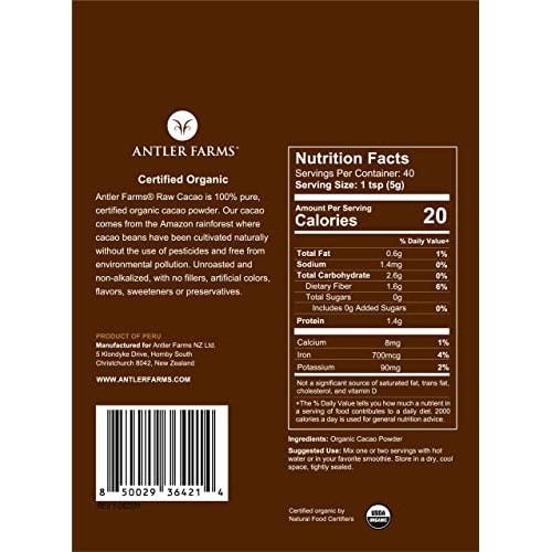 Antler Farms - 100% Pure Organic Raw Cacao Powder, 40 Servings, ...