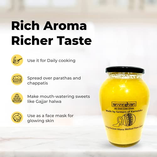 Anveshan A2 Cow Ghee 1000 Ml/33.8 Oz | Glass Jar | Bilona Method