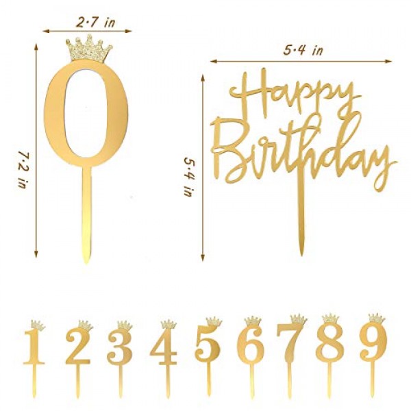 Anyi16 Acrylic Numbers 0-9 Crown Cake Topper And Gold Acrylic Ha