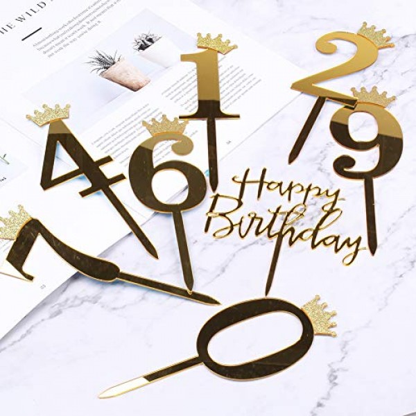 Anyi16 Acrylic Numbers 0-9 Crown Cake Topper And Gold Acrylic Ha