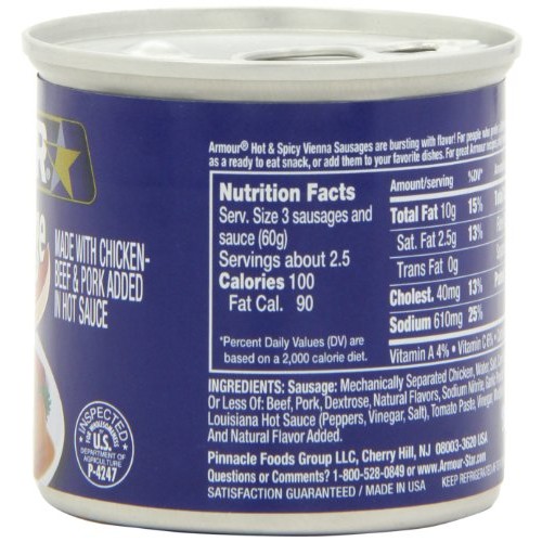 Armour Hot & Spicy Vienna Sausage, 4.75 Ounce Cans Pack of 24