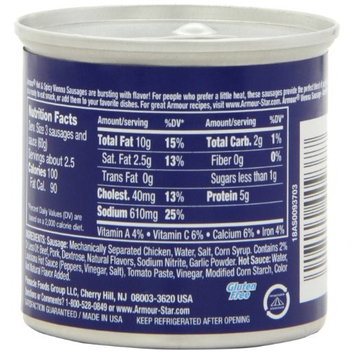 Armour Hot & Spicy Vienna Sausage, 4.75 Ounce Cans Pack of 24