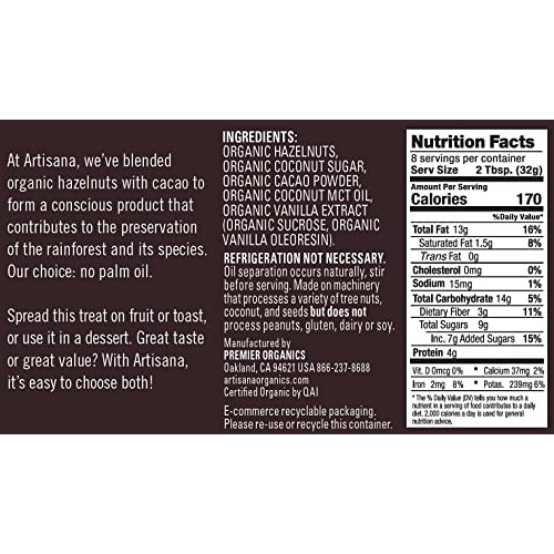 Artisana Organics Hazelnut Cacao Spread, 9.5 oz | No Palm Oil, S...