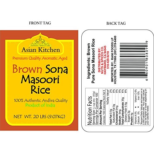 Asian Kitchen Brown Sona Masoori Aged Rice 20Lbs Pound Bag 9.08