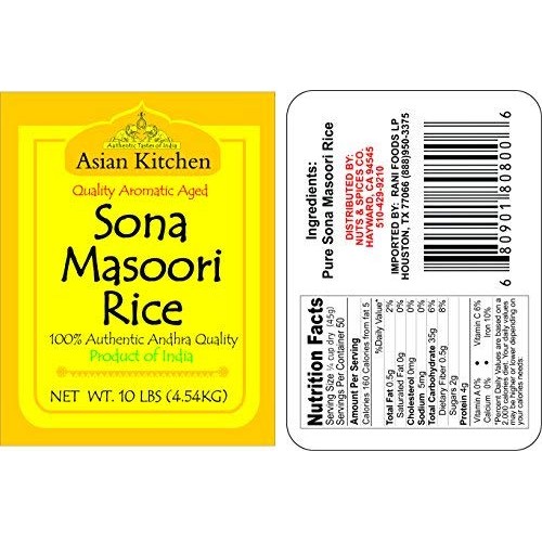 Asian Kitchen White Sona Masoori Aged Rice 10-Pound Bag, 10Lbs