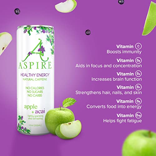 Aspire Healthy Energy Drink – Apple Acai, 12 Pack – Zero Sugar,